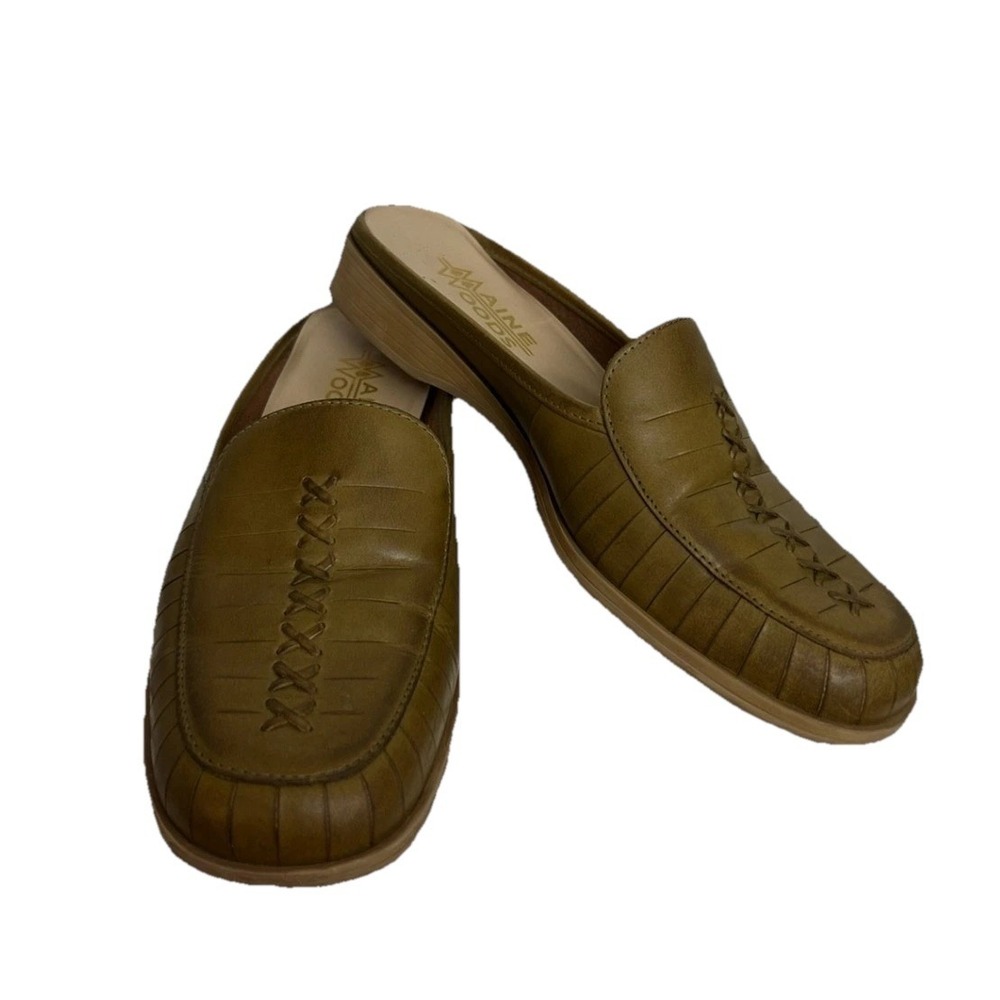 Maine Woods Slip On Shoes Olive Green Leather Mules Comfortable Clogs Sz 8M